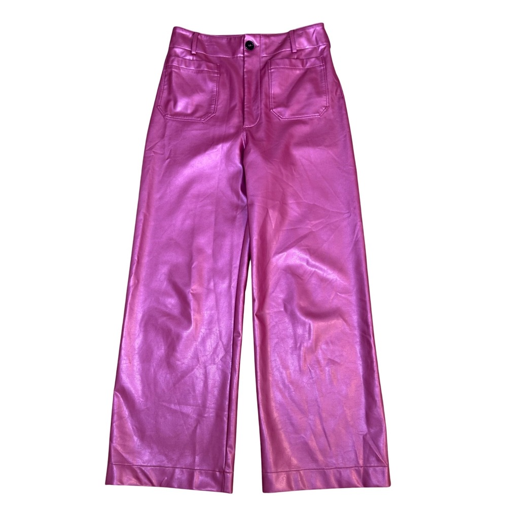 Maeve Anthropologie Colette Pants Pink Metallic Faux Leather Wide Leg crop 30 T